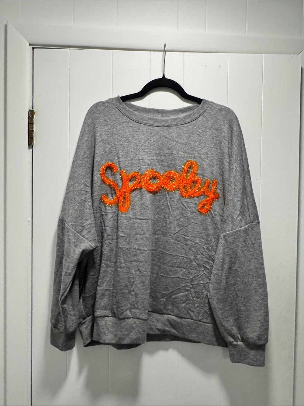 Gray w/ orange tinsel ‘Spooky' Embellished Pullover Sweater - Women's